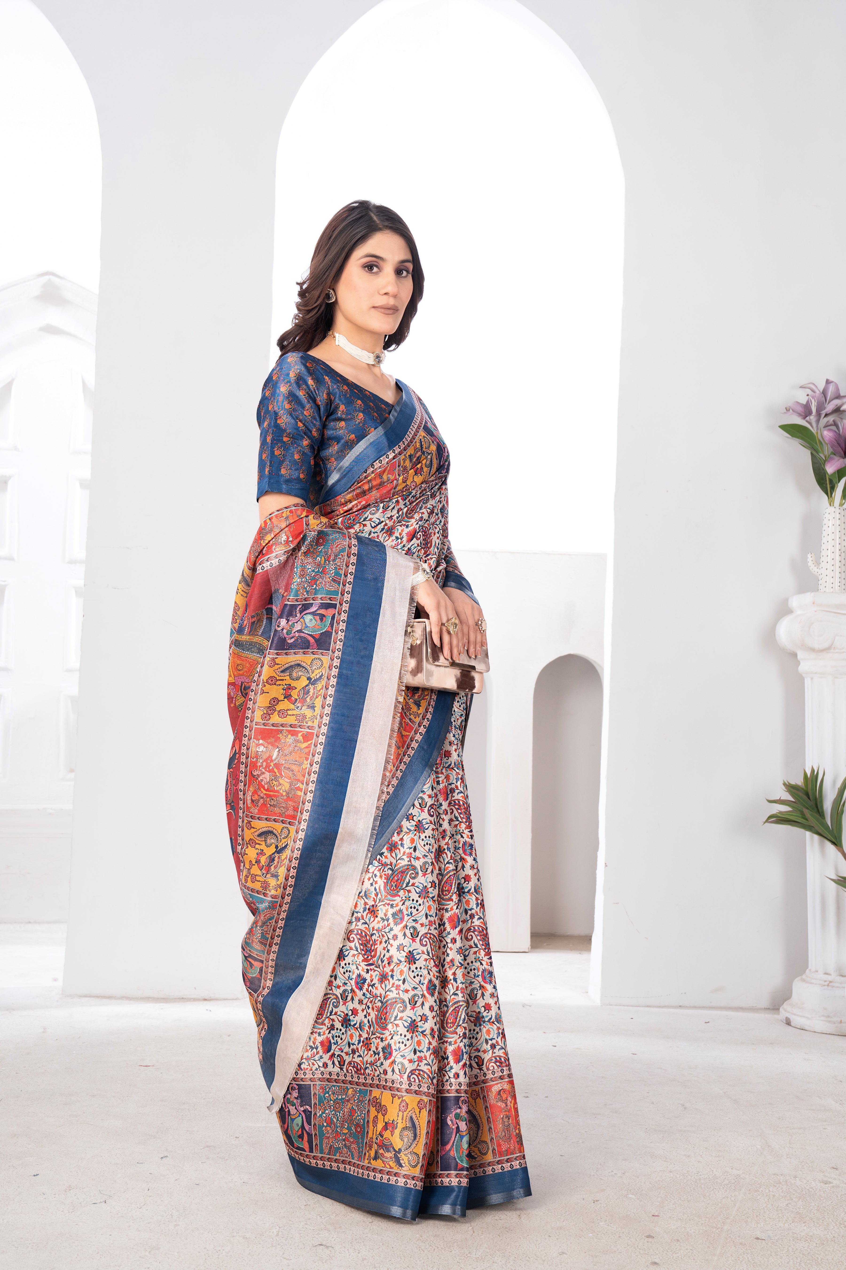 Multicolour Charcoal Tissue Kalamkari Saree